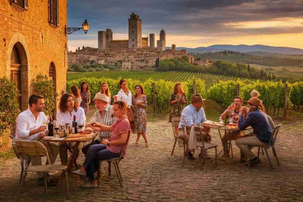 Guests relaxing at an Italian wine festival, with the iconic skyline of San Gimignano visible across the rolling hills